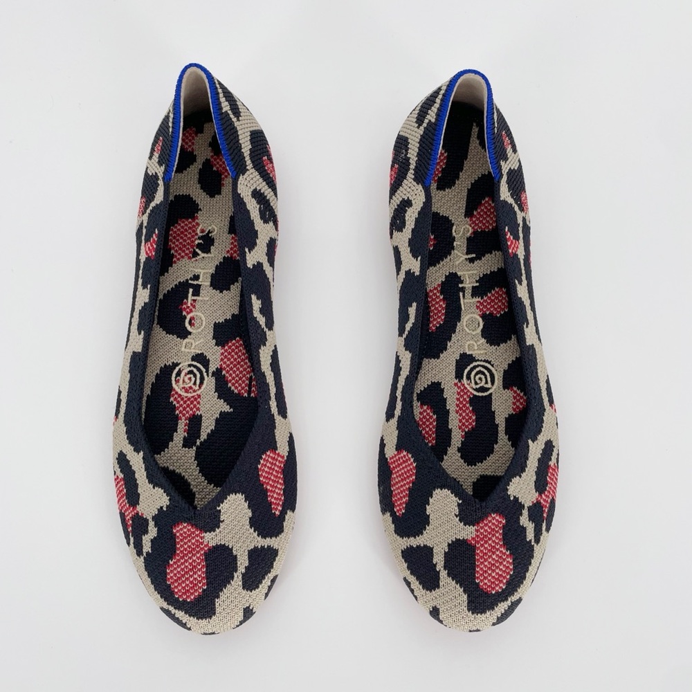 Rothy's The Flat in Red Cat Animal Spotted Print Ballet Knit Shoes Women Black - Picture 2 of 6
